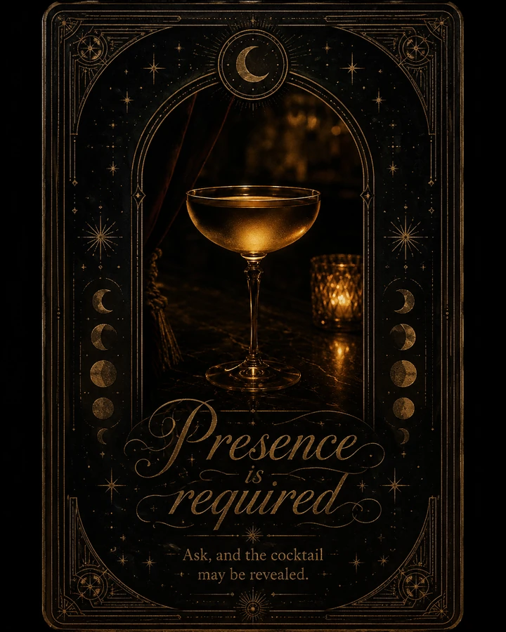 The Anigma card — presence is required, ask and the cocktail may be revealed